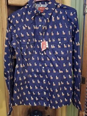 Panhandle Jr Womens Med Western Navy Blue Shirt W Llamas Pearliz Snap Button NWT